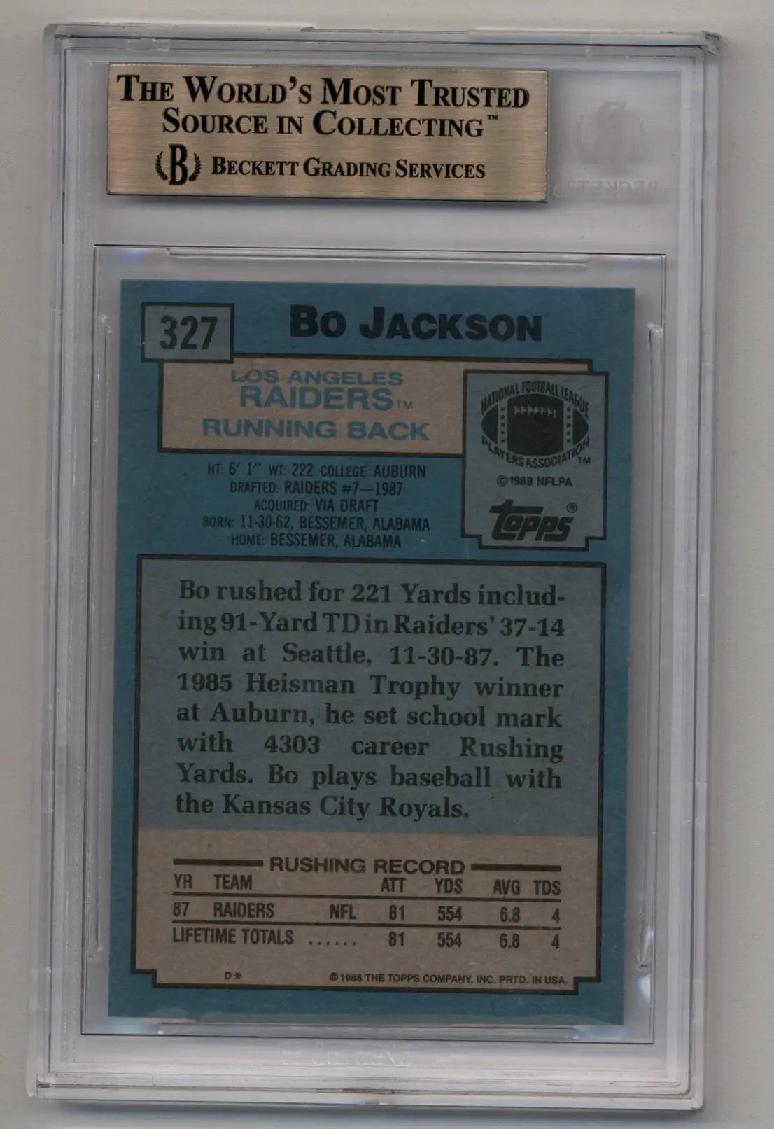 Bo Jackson 1988 Topps Rookie #327 BGS 9.5 Gem Mint - Baseball Card Single