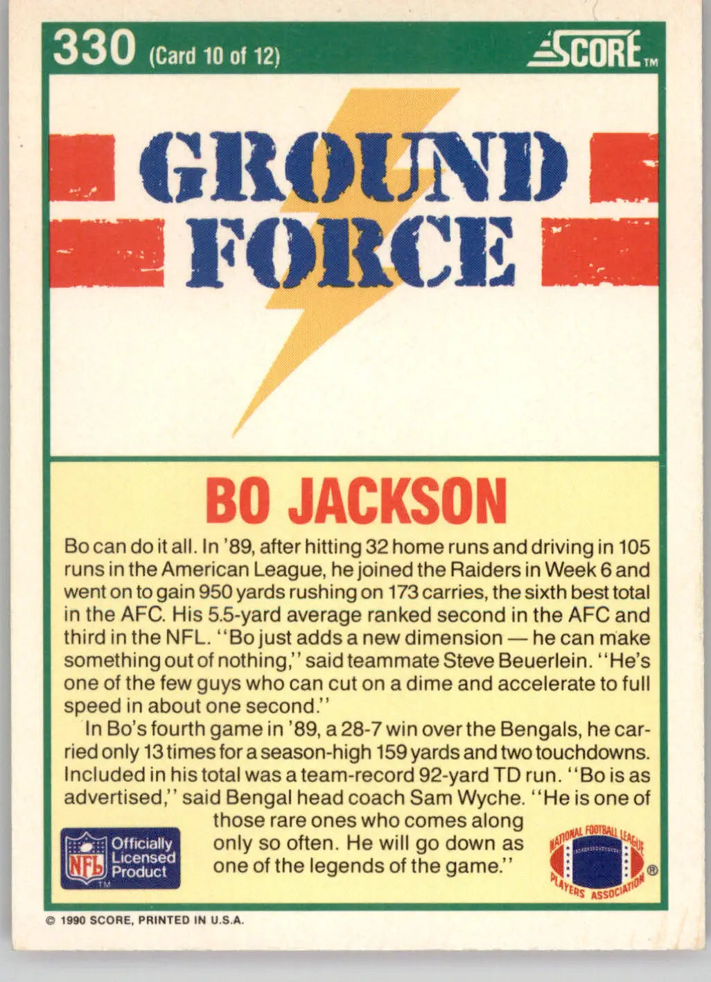 Bo Jackson - 1990 Score - #330 - Football - Football Card Single