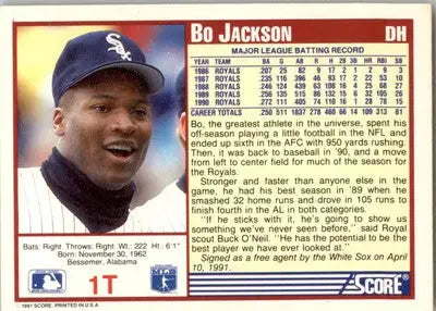 Bo Jackson - 1991 Score Rookie & Traded - #1T - Baseball - Baseball Card Single