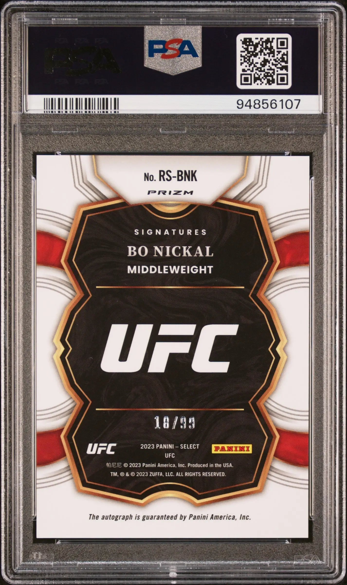 Bo Nickal 2023 Panini Select UFC Rookie Signature Red Auto #18/99 PSA 10 Auto 10 - UFC/MMA Card Single