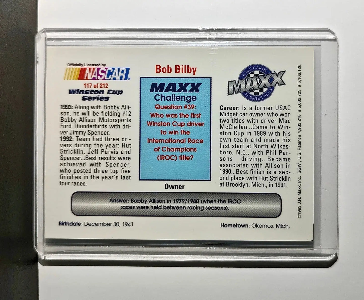 Bob Bilby 1993 Maxx Premier Plus Racing #117 NASCAR Card Bobby Allison Racing - Racing Card Single