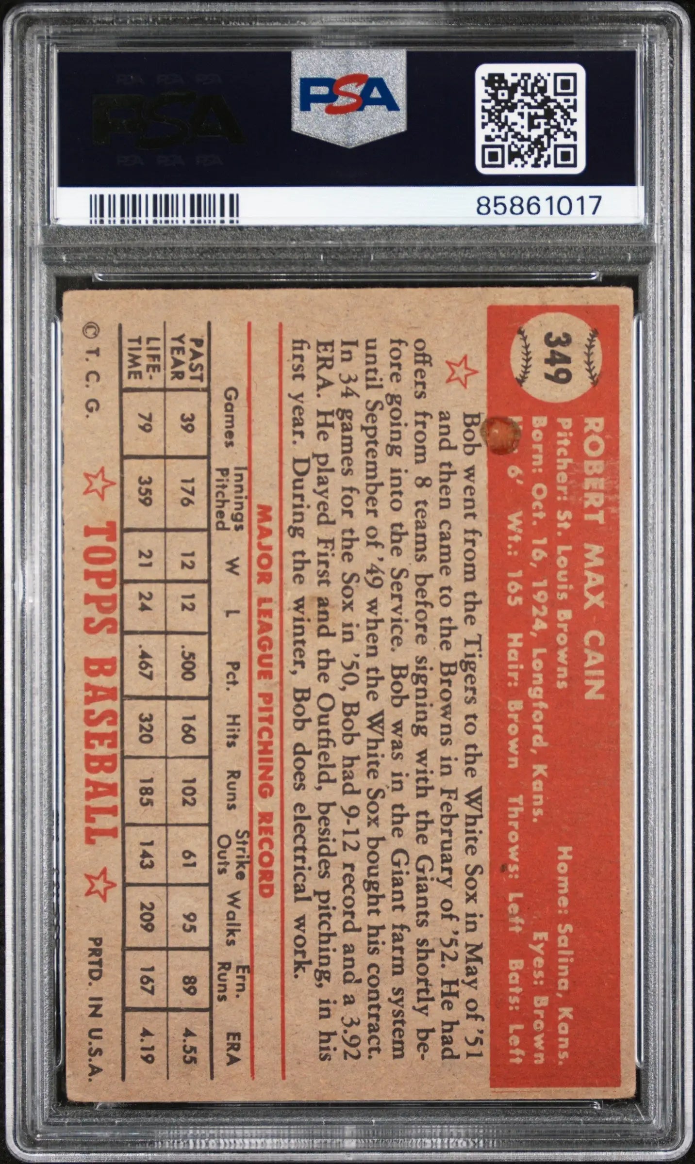 Bob Cain 1952 Topps #349 PSA 2 MK - Baseball Card Single