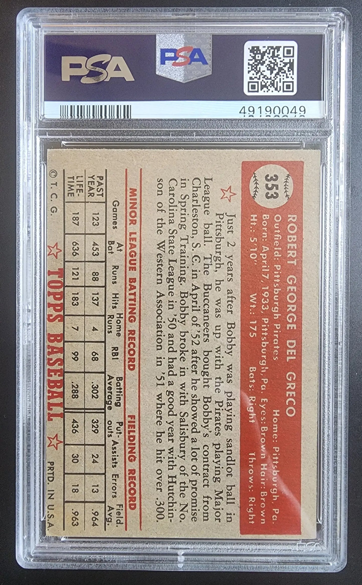 Bob Del Greco 1952 Topps #353 PSA 5 baseball card in grading holder with stats