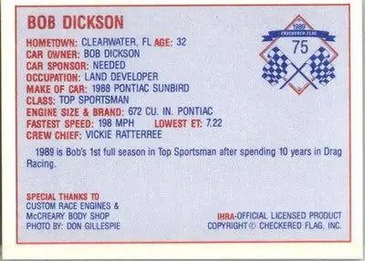 Bob Dickson - 1989 Checkered Flag IHRA - #75 - Racing - Racing Card Single