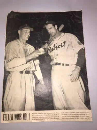 Vintage baseball newspaper clipping featuring Bob Feller and Hank Greenberg Navy article