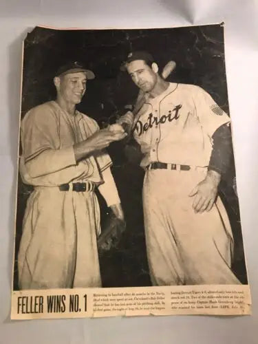Vintage baseball newspaper clipping featuring Bob Feller Hank Greenberg Navy military cutout