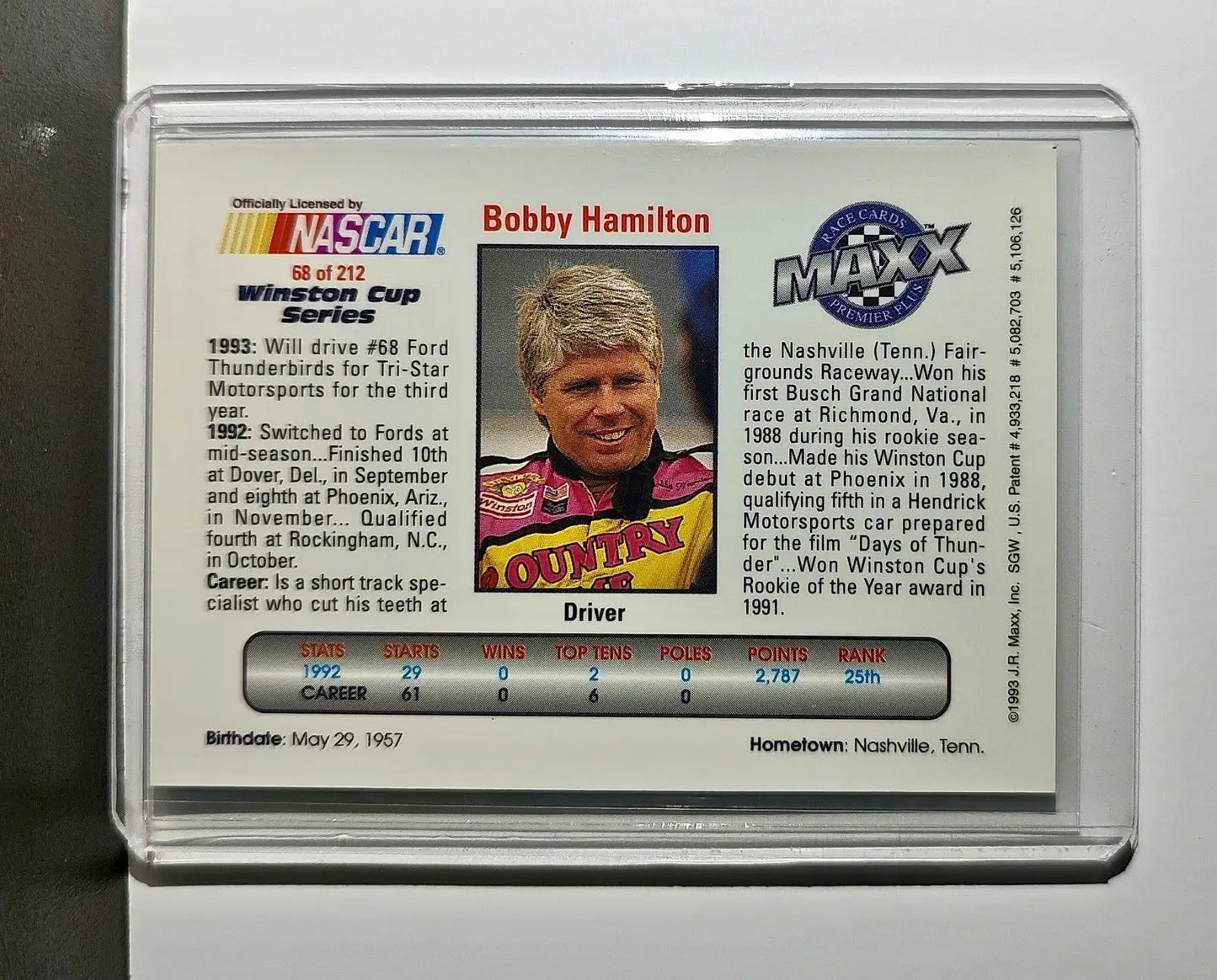Bob Hamilton 1993 Maxx Premier Plus Racing #68 NASCAR Morgan-McClure Motorsports - Racing Card Single