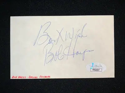 Autographed index card featuring Bob Hayes Dallas Cowboys football Hall of Famer