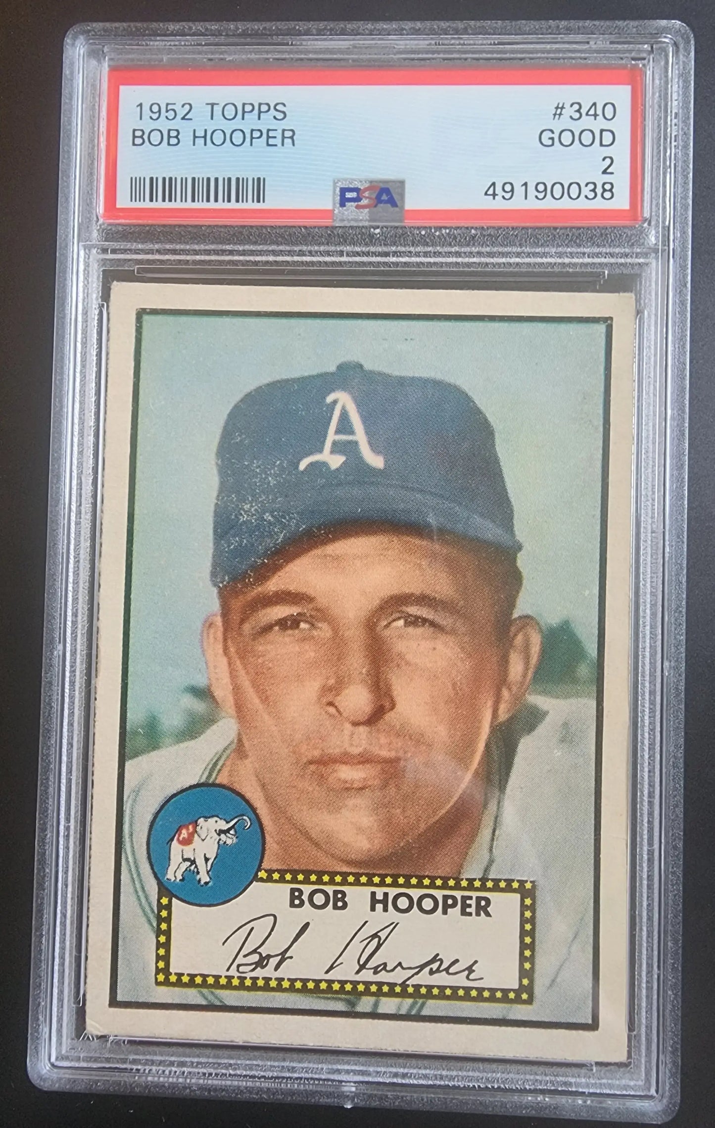PSA-graded 1952 Topps Baseball Card #340 of Bob Hooper in protective case