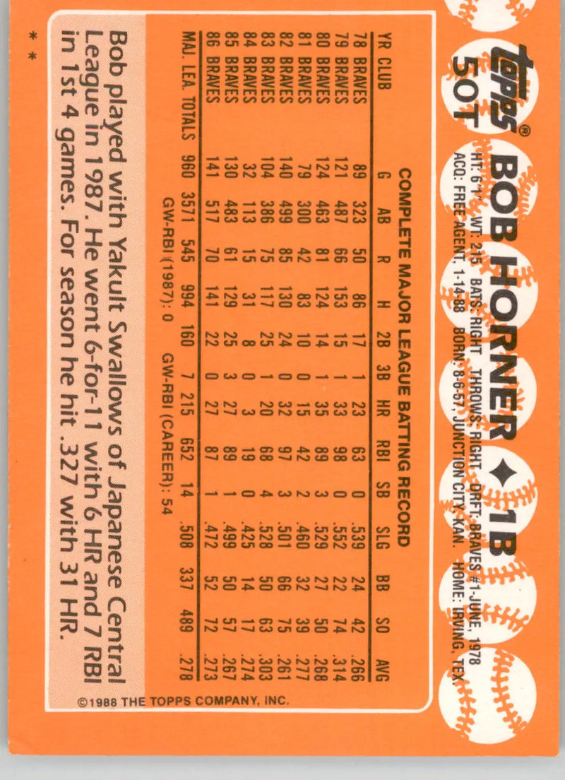 Bob Horner - 1988 Topps Traded - #50T - Baseball - Baseball Card Single