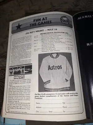 Vintage Astros jacket promotion on Bob Lillis signed Houston Astros 1983 souvenir program scorebook