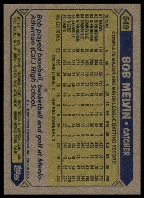 Bob Melvin 1987 Topps #549 San Francisco Giants - Baseball Card Single
