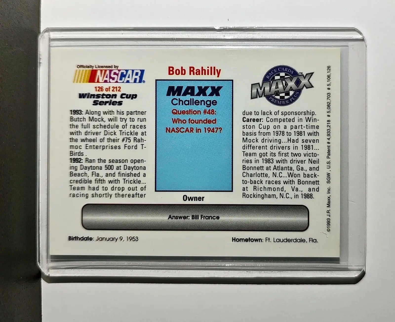 Bob Rahilly 1993 Maxx Premier Plus Racing #126 NASCAR Card RahMoc Enterprises - Racing Card Single