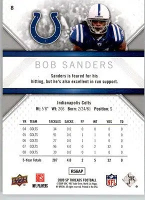 Bob Sanders - 2009 SP Threads - #8 - Football - Football Card Single
