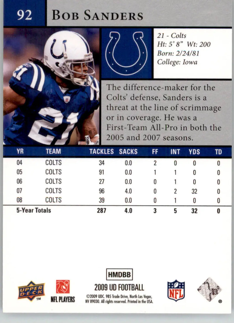 Bob Sanders - 2009 Upper Deck - #92 - Football - Football Card Single