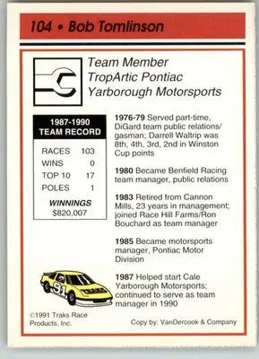 Bob Tomlinson - 1991 Traks - #104 - RC Racing - Racing Card Single