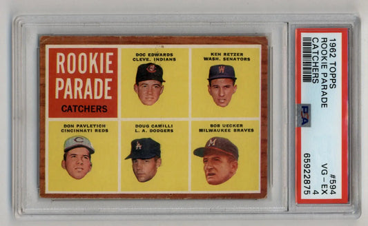 1962 Topps Rookie Parade card featuring Bob Uecker and four other rookie catchers in PSA 4 holder