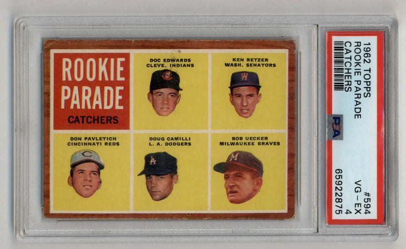 1962 Topps Rookie Parade card featuring Bob Uecker and four other rookie catchers in PSA 4 holder