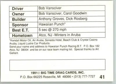 Bob Vansciver - 1991 Big Time Drag - #41 - Racing - Racing Card Single