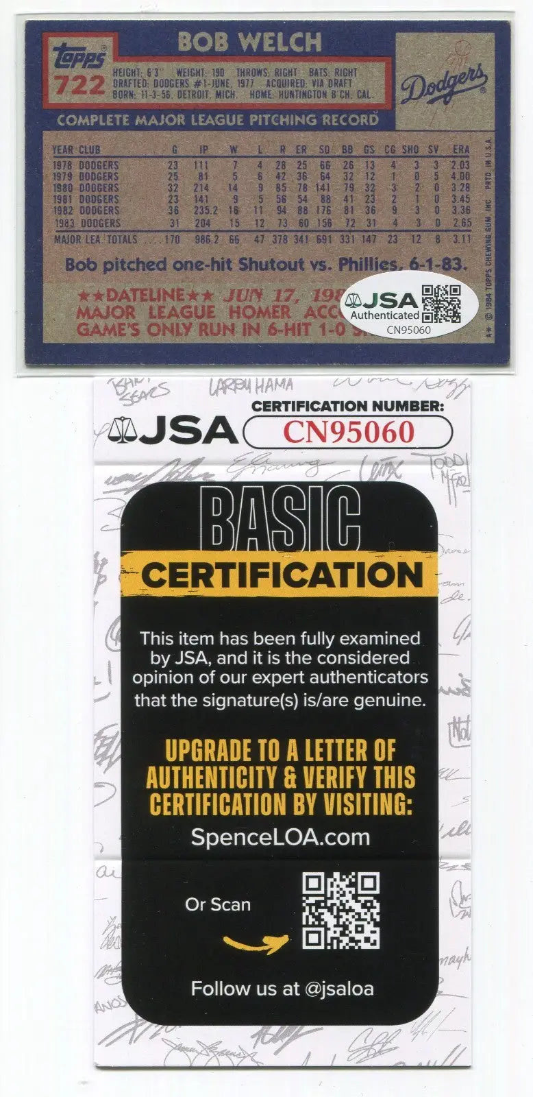 BOB WELCH Signed 1984 Topps #722 Los Angeles Dodgers Card Autographed JSA Auto - Baseball Card Single