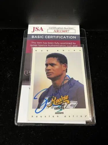 Signed Bobby Abreu rookie baseball card from the Houston Astros 1997 Score set