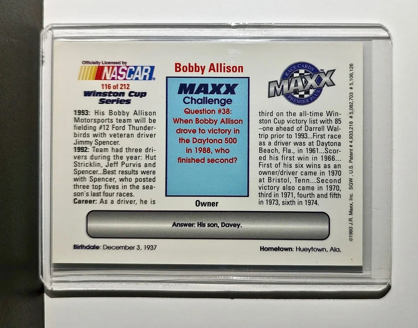 Bobby Allison 1993 Maxx Premier Plus Racing 116 NASCAR Bobby Allison Motorsports - Collectibles