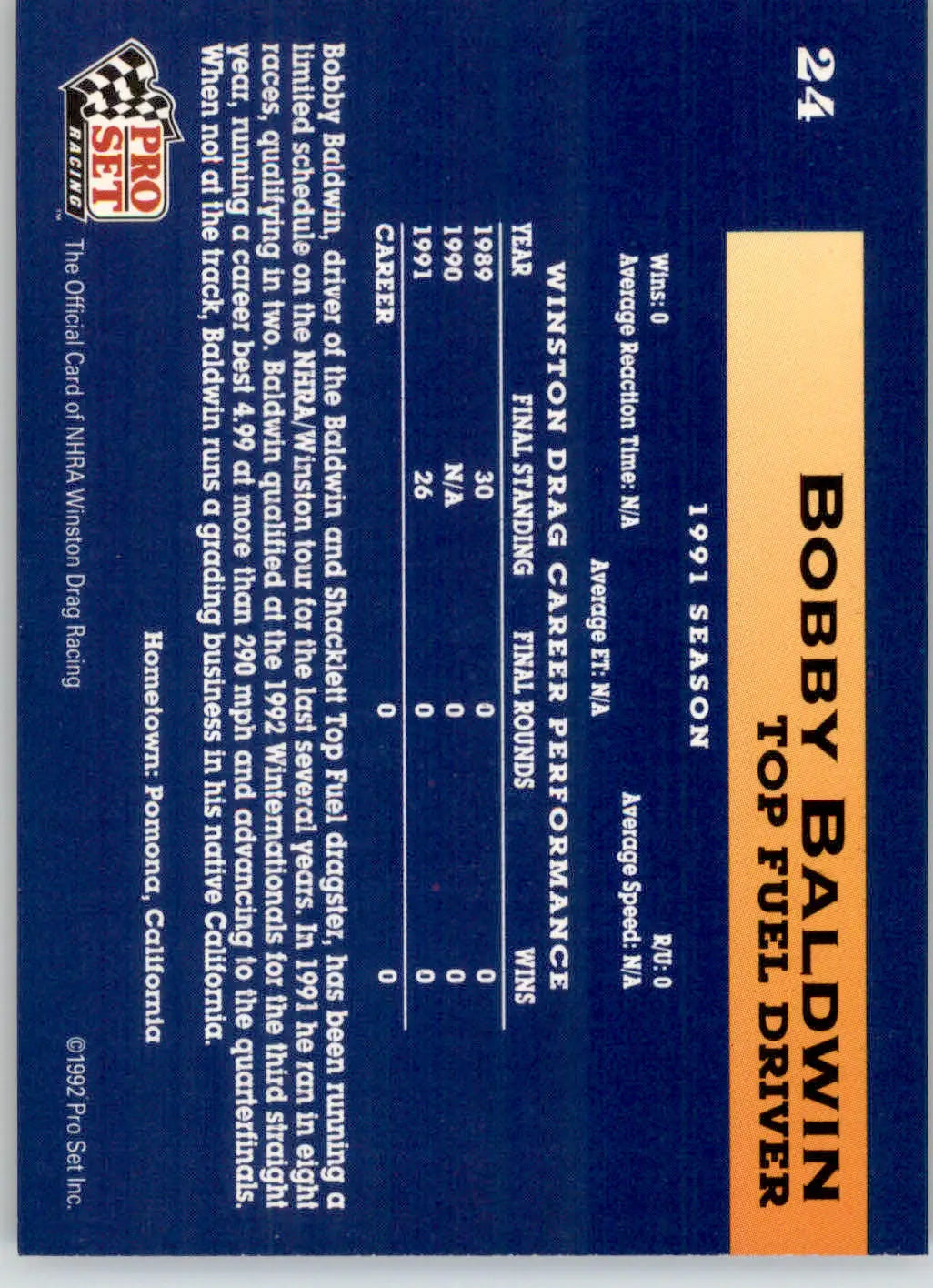 Bobby Baldwin - 1992 Pro Set NHRA - #24 - Racing - Racing Card Single