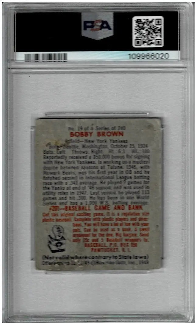 Bobby Brown PSA 2 DNA 9 Signed 1949 Bowman #19 Rookie Autograph Graded RC - Baseball Card Single