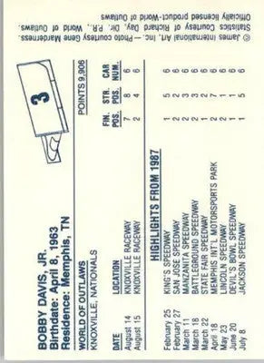 Bobby Davis Jr. - 1987 World of Outlaws - #3 - Racing - Racing Card Single
