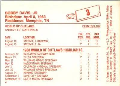 Bobby Davis Jr. - 1988 World of Outlaws - #3 - Racing - Racing Card Single