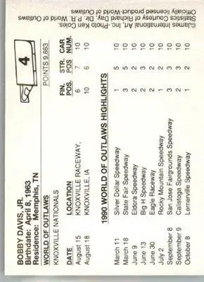 Bobby Davis Jr. - 1990 World of Outlaws - #4 - Racing - Racing Card Single