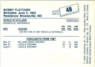Bobby Fletcher - 1987 World of Outlaws - #48 - Racing - Racing Card Single