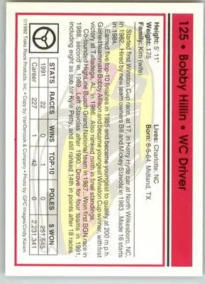 Bobby Hillin Jr. - 1992 Traks - #125 - Racing - Racing Card Single