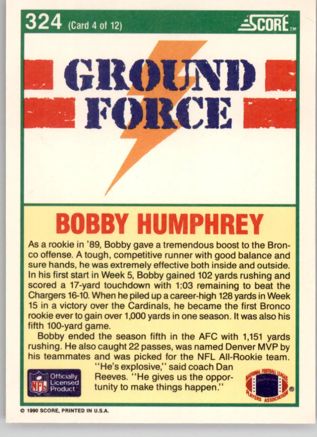 Bobby Humphrey - 1990 Score - #324 - Football