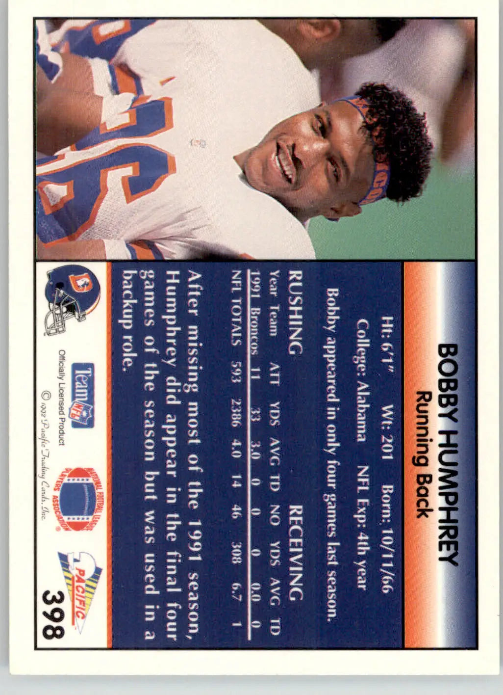 Bobby Humphrey - 1992 Pacific - #398 - Football