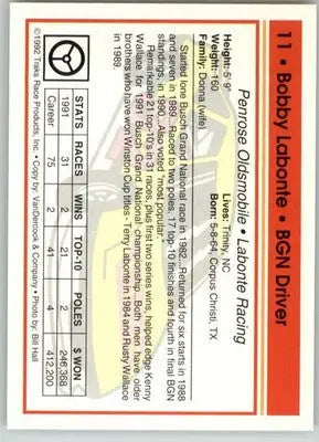 Bobby Labonte - 1992 Traks - #11 - Racing - Racing Card Single