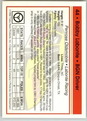 Bobby Labonte - 1992 Traks - #44 - Racing - Racing Card Single