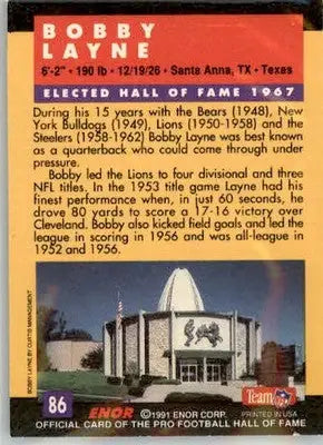 Bobby Layne - 1991 Enor Pro Football HOF - #86 - Football - Football Card Single