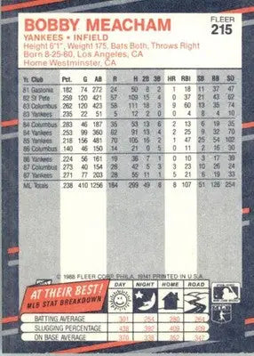 Bobby Meacham - 1988 Fleer - #215 - Baseball - Baseball Card Single
