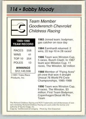 Bobby Moody - 1991 Traks - #114 - RC Racing - Racing Card Single