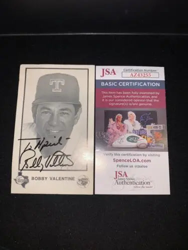 Autographed Bobby Valentine Texas Rangers Team Issue Card with JSA certification