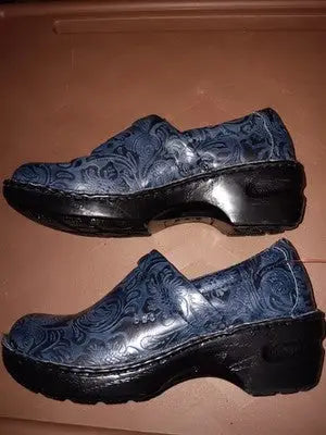 BOC Womens Peggy Clog Shoes Blue/Black Floral Wedge Heels Slip Ons 8M Not Worn
