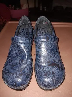 BOC Womens Peggy Clog Shoes Blue/Black Floral Wedge Heels Slip Ons 8M Not Worn
