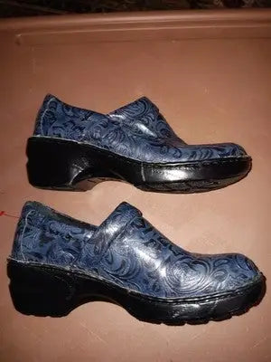 BOC Womens Peggy Clog Shoes Blue/Black Floral Wedge Heels Slip Ons 8M Not Worn