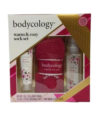 Bodycology Cherry Blossom Cozy Socks Gift Set with scented body cream and fragrance mist