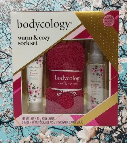 Bodycology Cherry Blossom Cozy Socks Gift Set with warm fuzzy socks, body cream, and mist