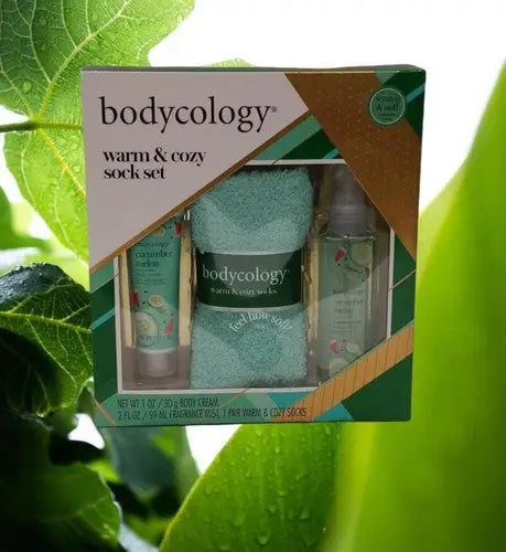 Bodycology Cucumber Melon Cozy Socks Gift Set with fuzzy socks, body cream, and fragrance mist