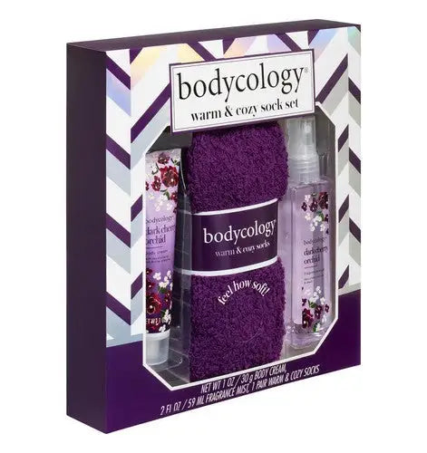 Bodycology Dark Cherry Orchid Cozy Socks Gift Set with scented body cream and fragrance mist