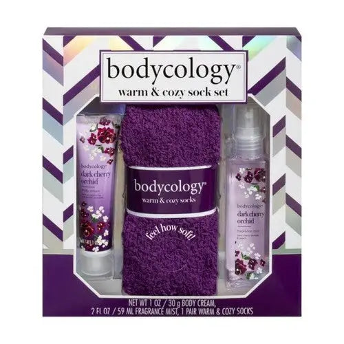 Bodycology Dark Cherry Orchid Cozy Socks Gift Set with scented body cream and fragrance mist