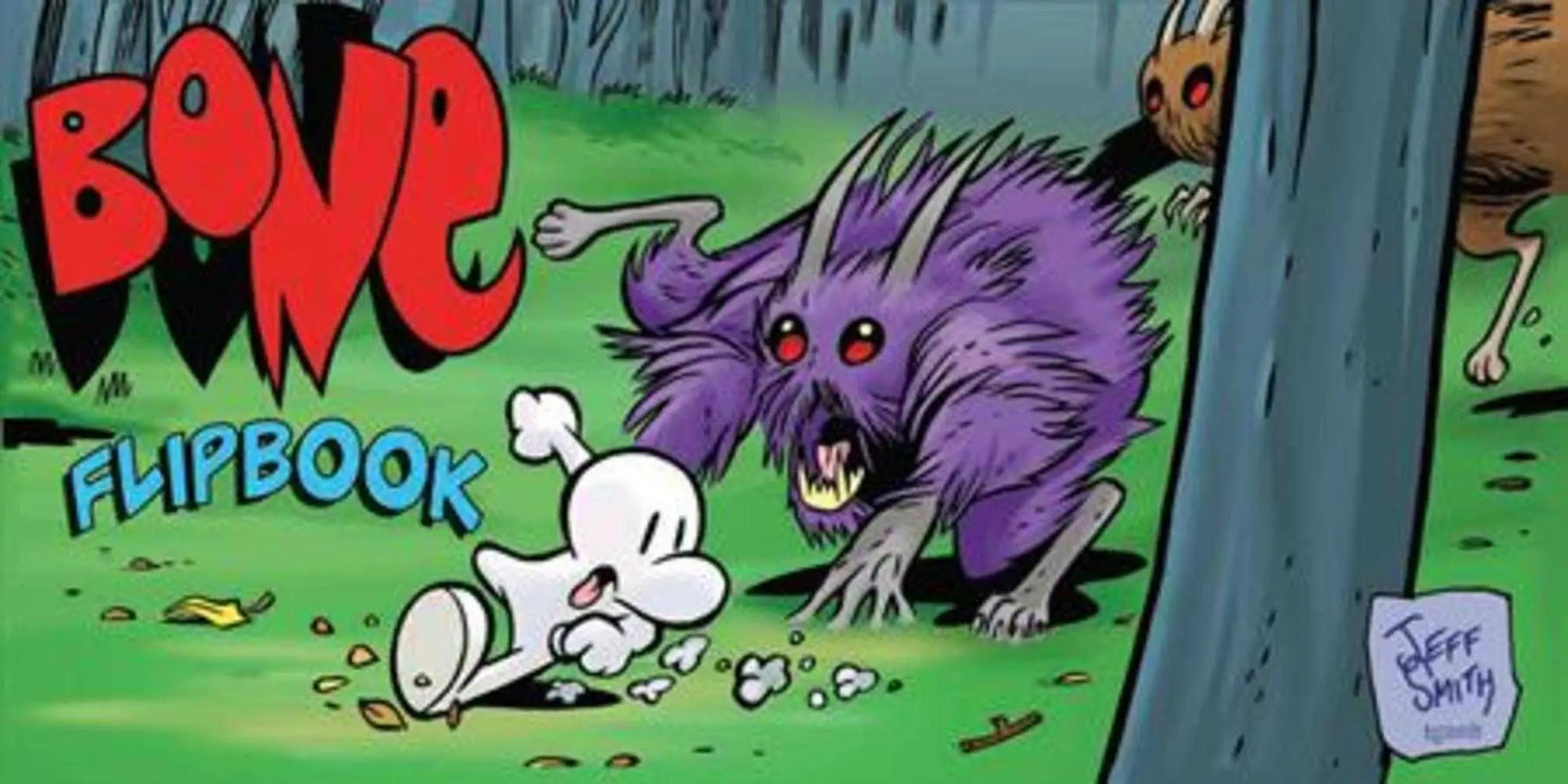 Purple furry horned monster chasing a white cartoon character in Bone Flipbook TPB